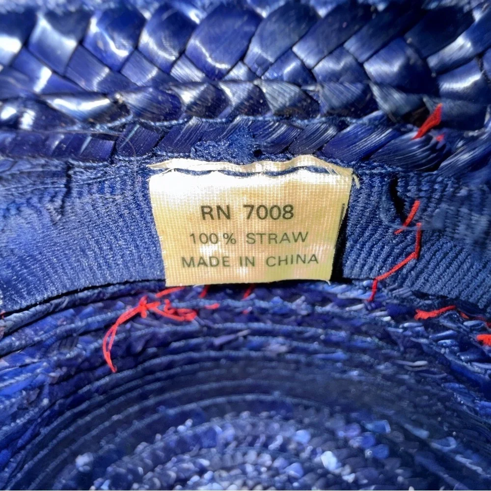 Vintage Navy Blue Straw Boater Hat Red Ribbon Band Retro Old Money Style Fedora